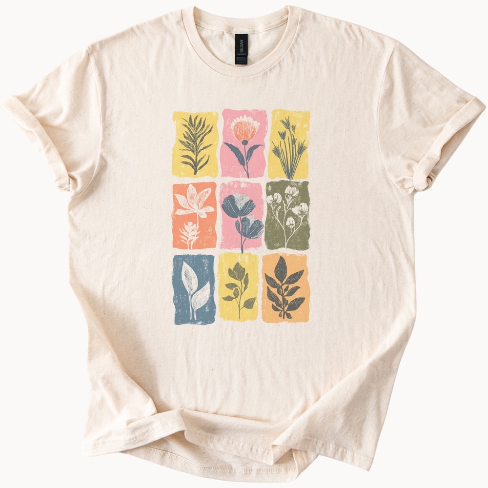 Botanical Grid Graphic Tee Earthy Plant Art Natural